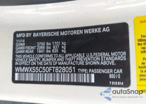 2015 Mini Hardtop Cooper z USA, uszkodzony, nr VIN WMWXS5C50FT828051